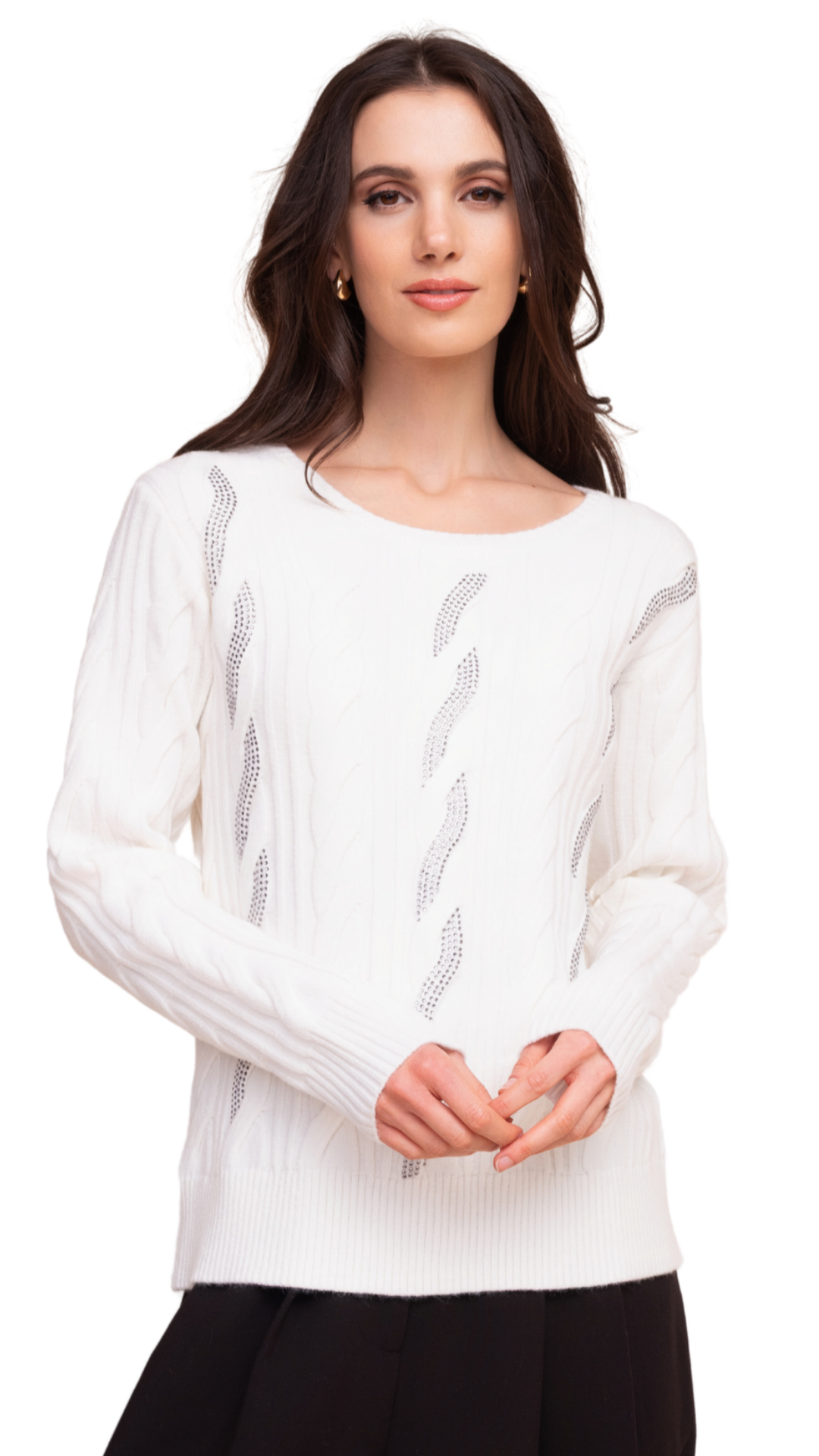 Cable Knit Rhinestone Details Stretch Knit Sweater. Style ALSA48396