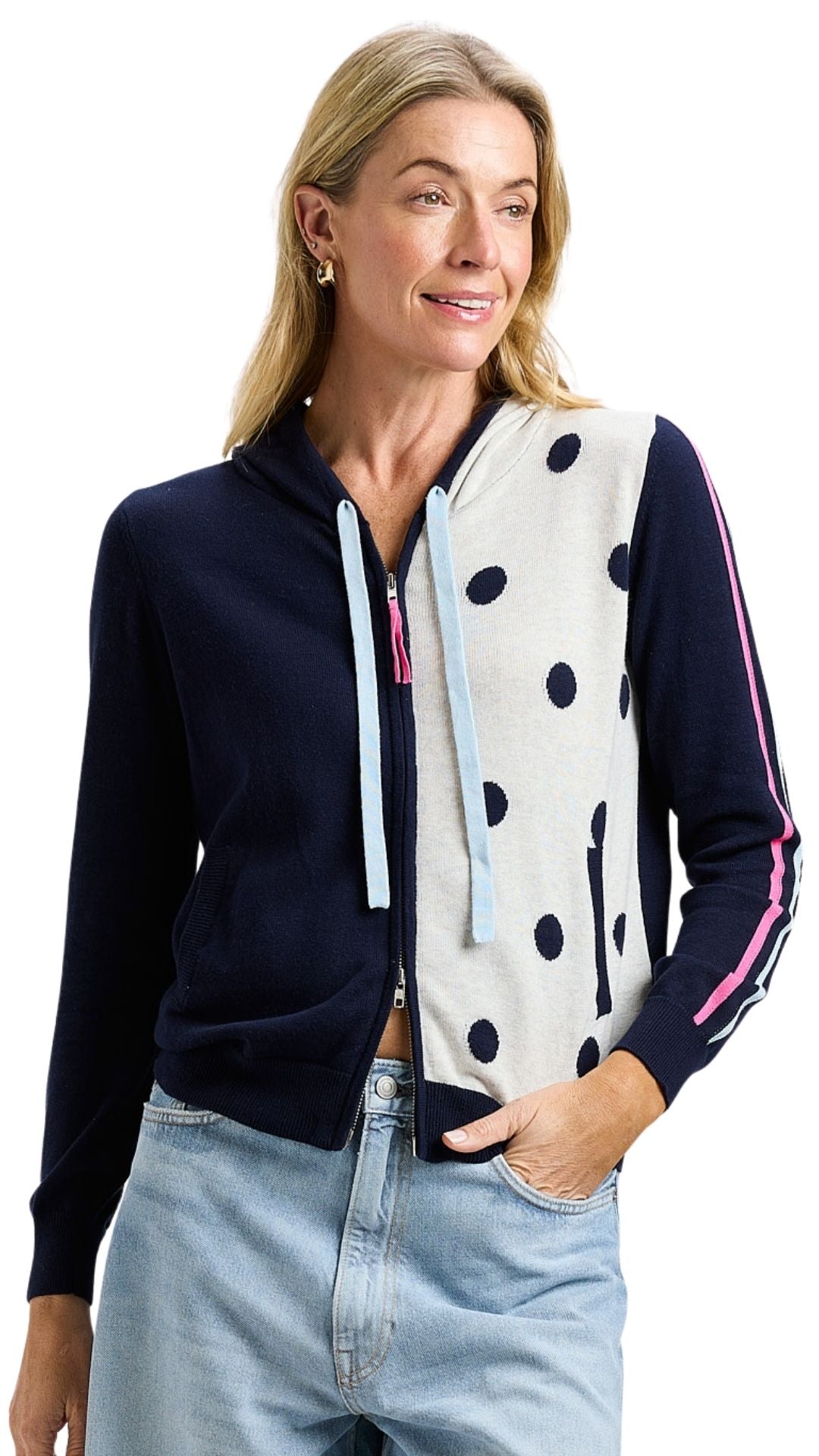 Zip Front Half Polka Dot & Arm Stripes Hoodie. Style ZKP8411U