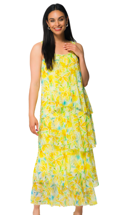 Yellow Abstract Floral Print Sleeveless Tiered Maxi Dress. Style EW36118