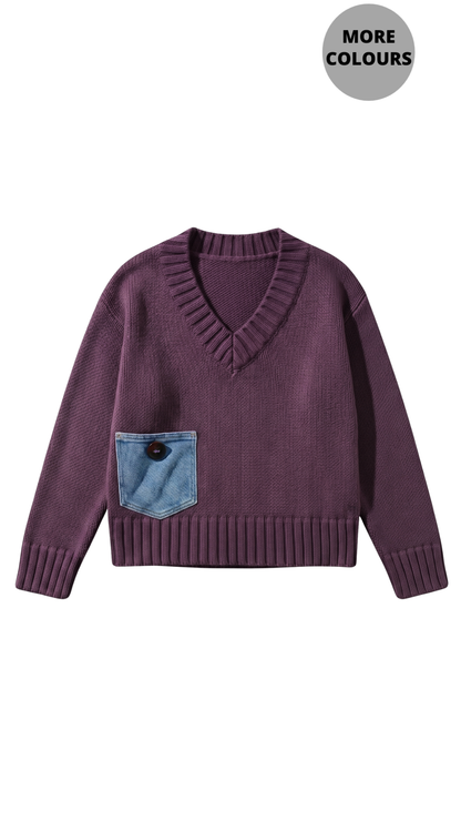 Heavy Knit Denim Patch Pocket V-Neck Sweater. Style SHNP5604