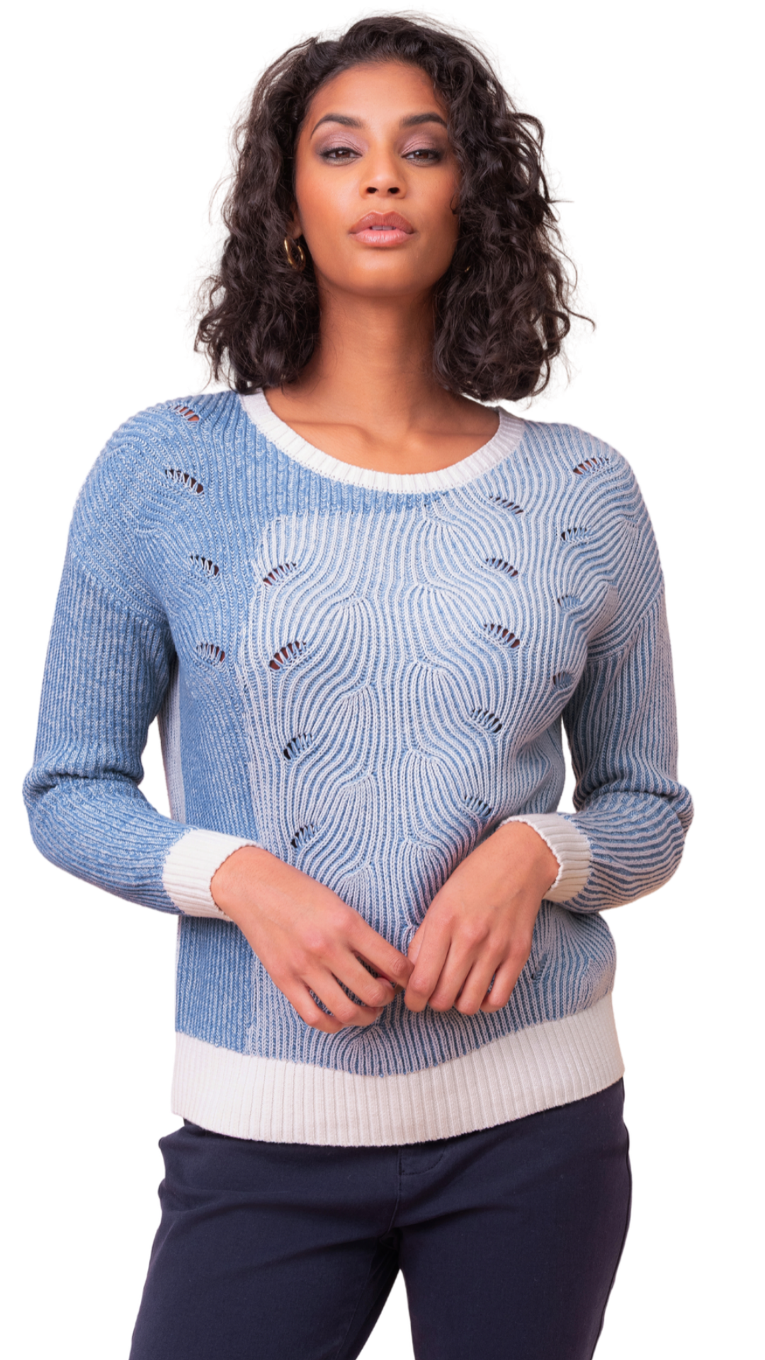 Wavey Ribbed Knit White & Blue Sweater. Style ALSA48105