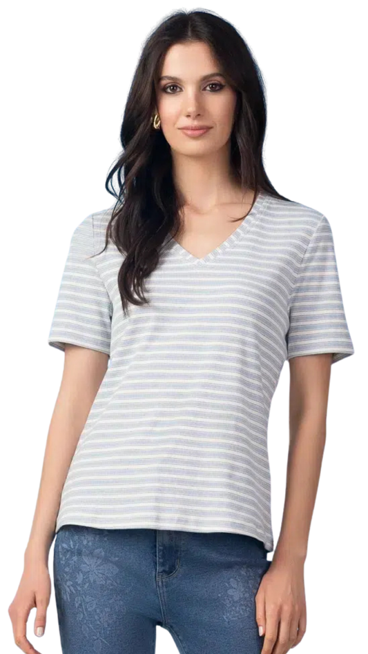 Ribbed Striped V-Neck Short Sleeve Top. Style ALS47142