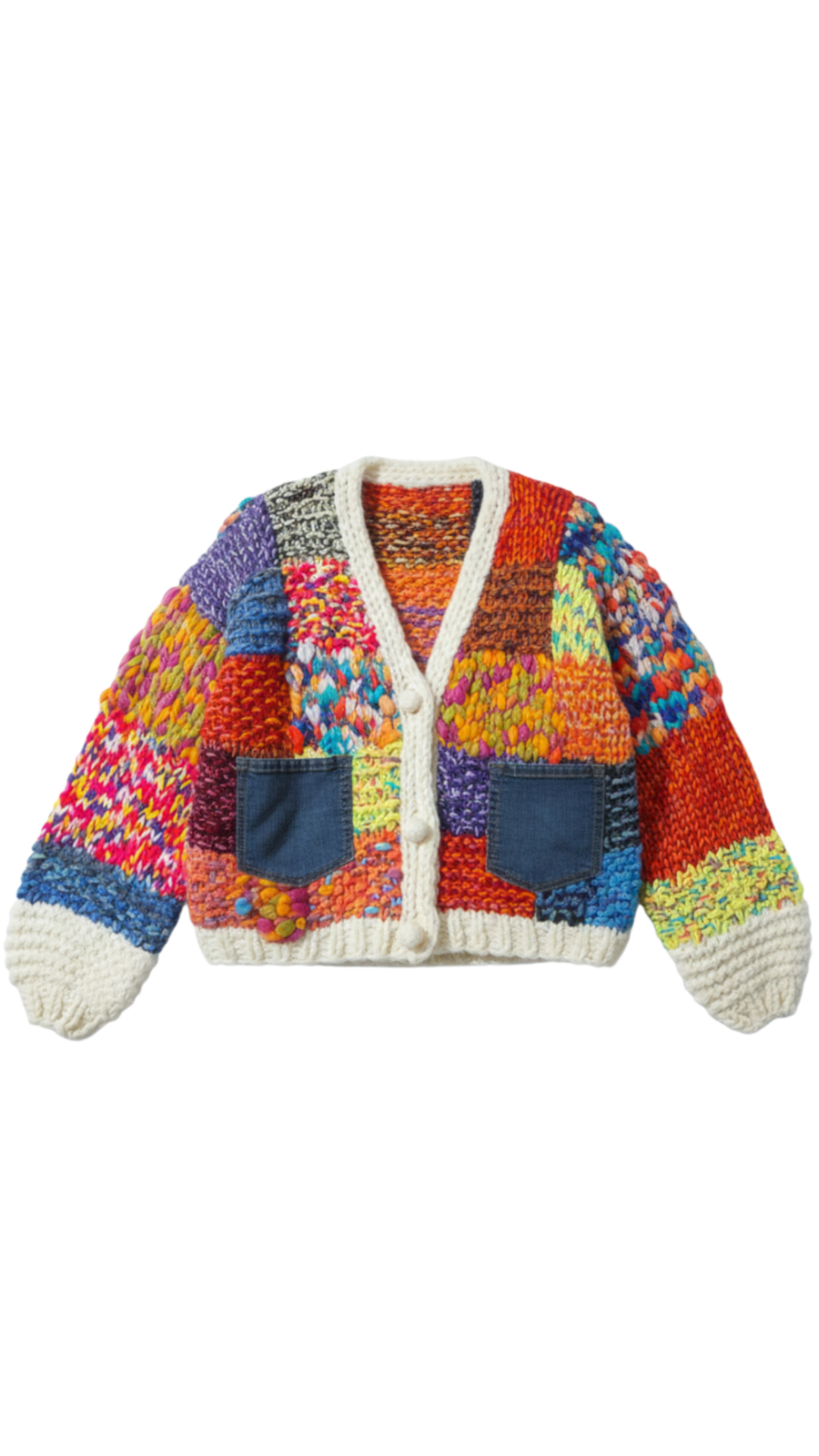 Heavy Knit Multi Colour Patchwork Denim Pockets Cardigan. Style SHNP5935