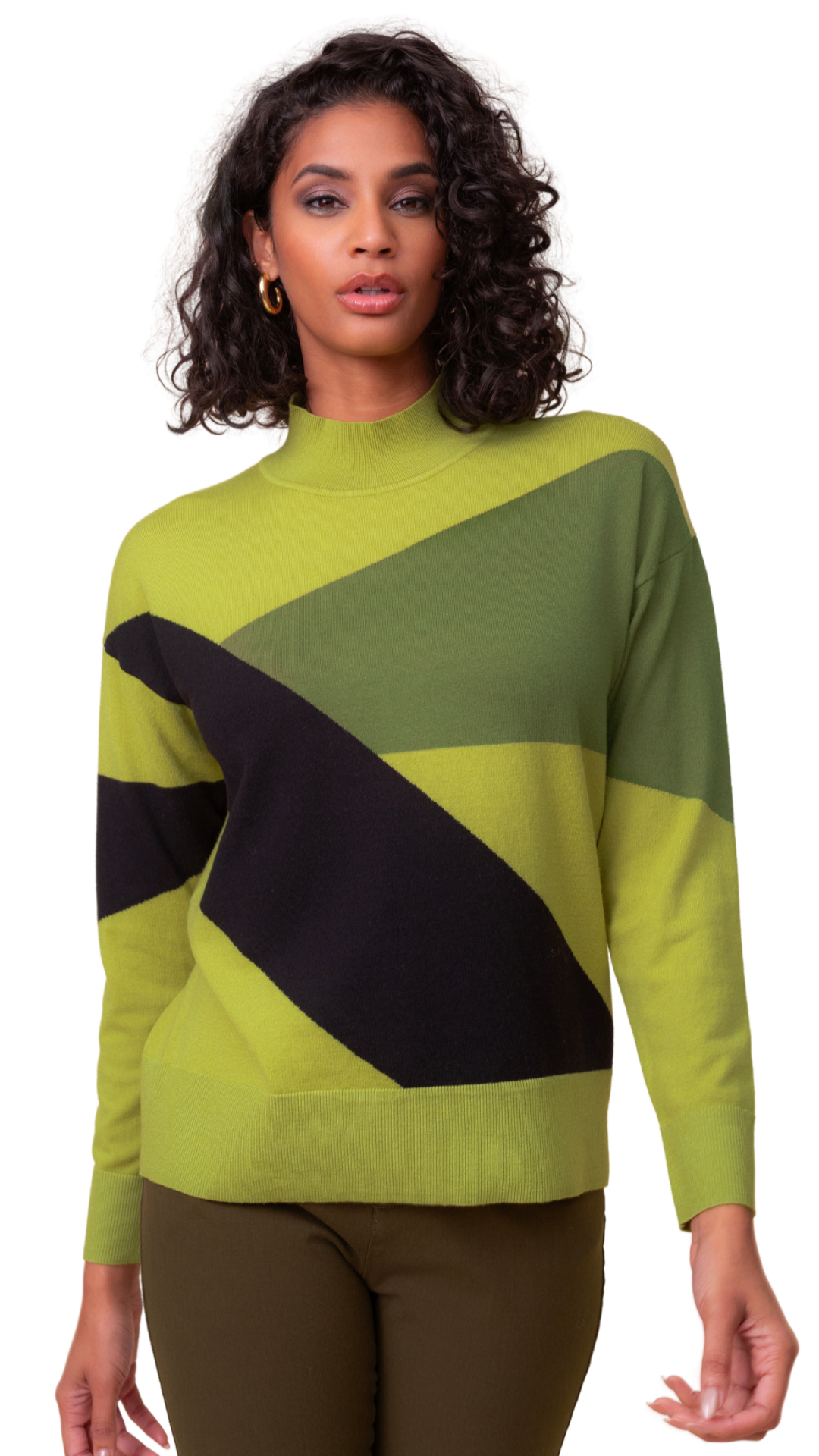 Colour Block Green Tones Mock Neck Sweater. Style ALSA48270