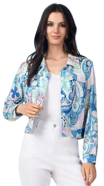 Abstract Print Cropped Structured Button Up Jacket. Style ALS47185