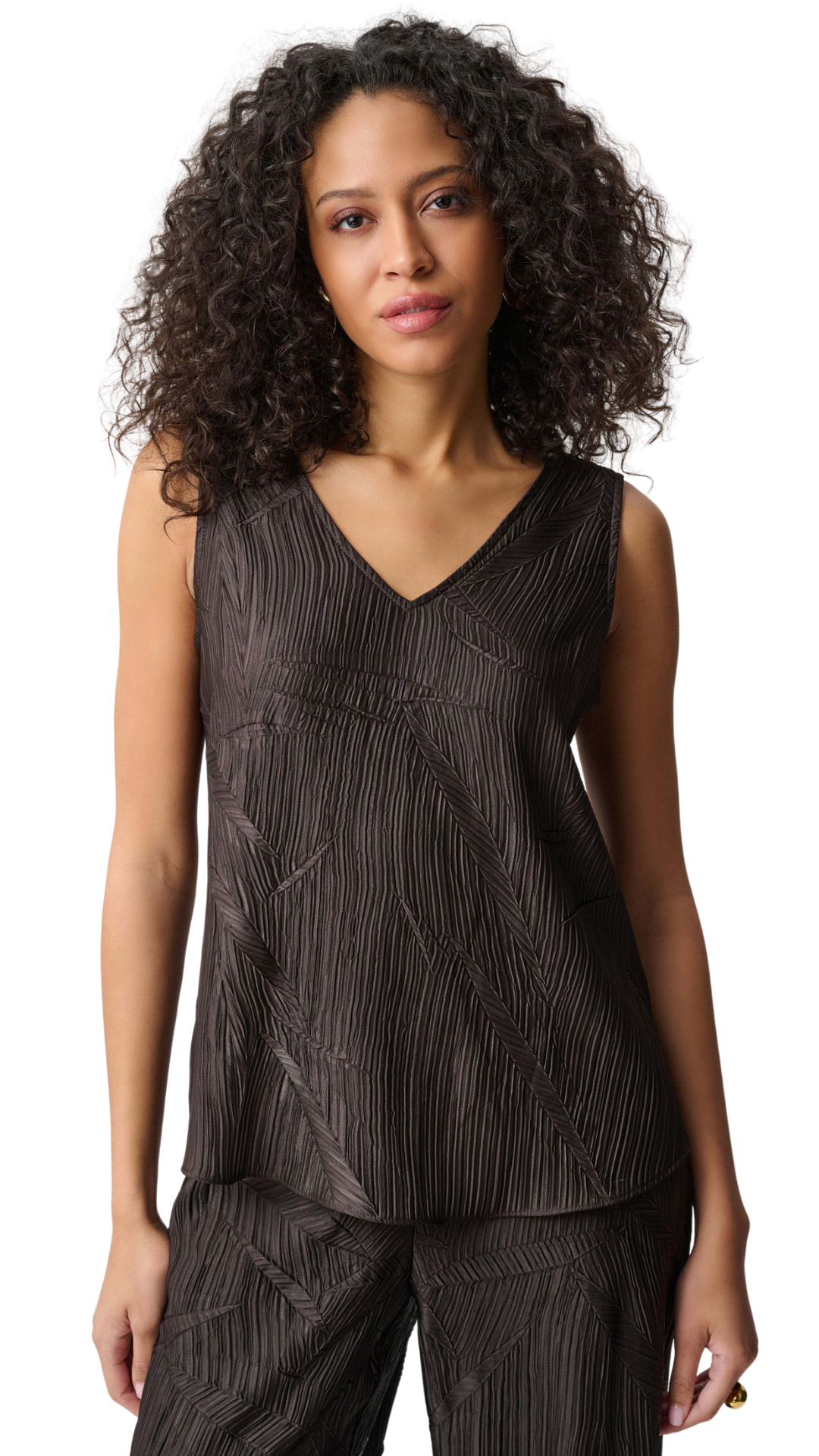 Pleated Satin Flared V-Neck Top. Style JR263051