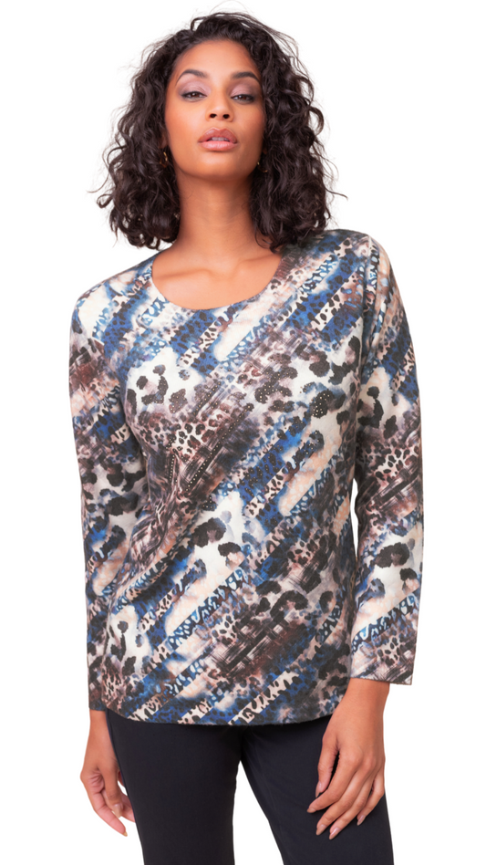 Round Neck Long Sleeve Patterned Gold Rhinestones Sweater. Style ALSA48099