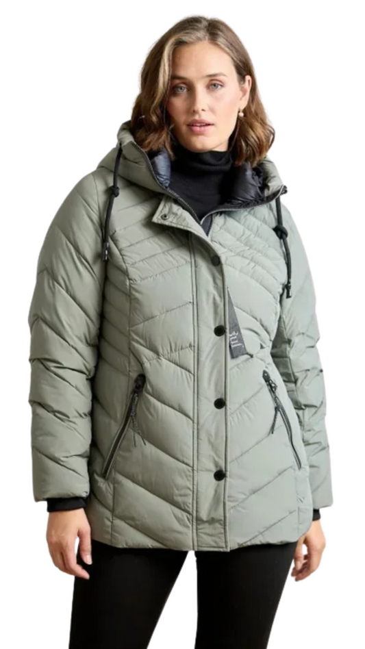 Hooded Matte Finish Zip & Snap Button Closure Puffer Jacket. Style JUN2470
