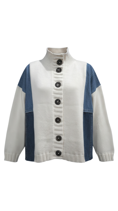 Large Statement Button Denim Insets Mock Neck Cardigan. Style SHNP5968