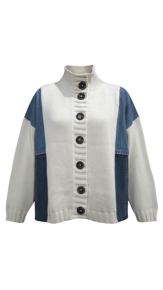 Large Statement Button Denim Insets Mock Neck Cardigan. Style SHNP5968