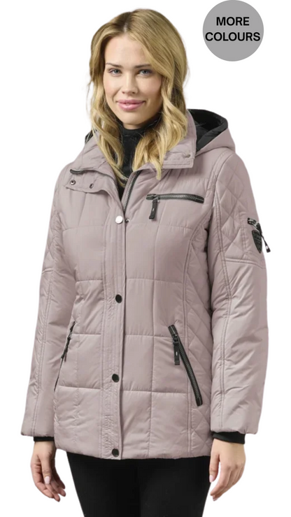 Removable Hood Quilted Puffer Zip & Snap Button Closure Jacket. Style JUN2468