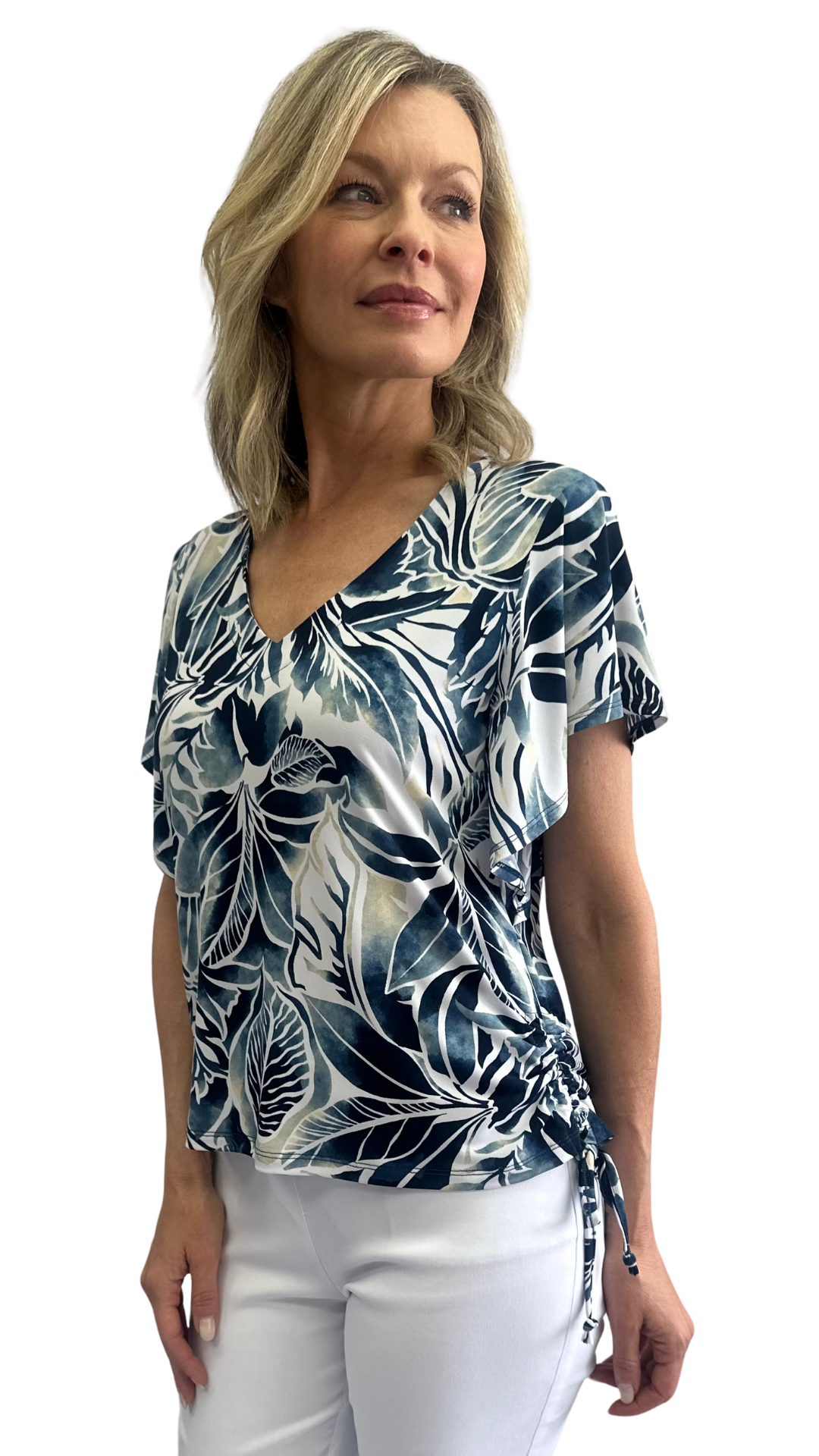 V-Neckline Flutter Sleeve Side Tie & Ruching Top. Style SW202305