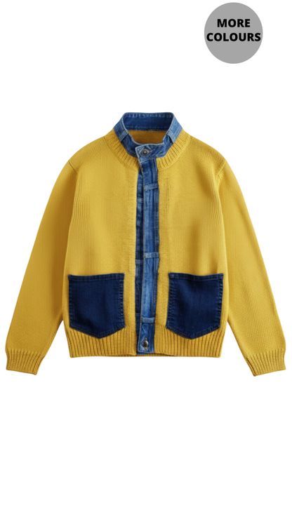 Mock Neck Denim Trim Knit Cardigan. Style SHNP6014