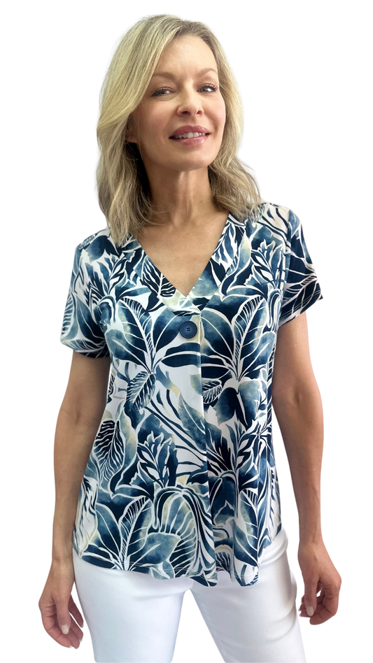 Short Sleeve Button Detail & Pleated Front Top. Style SW202306
