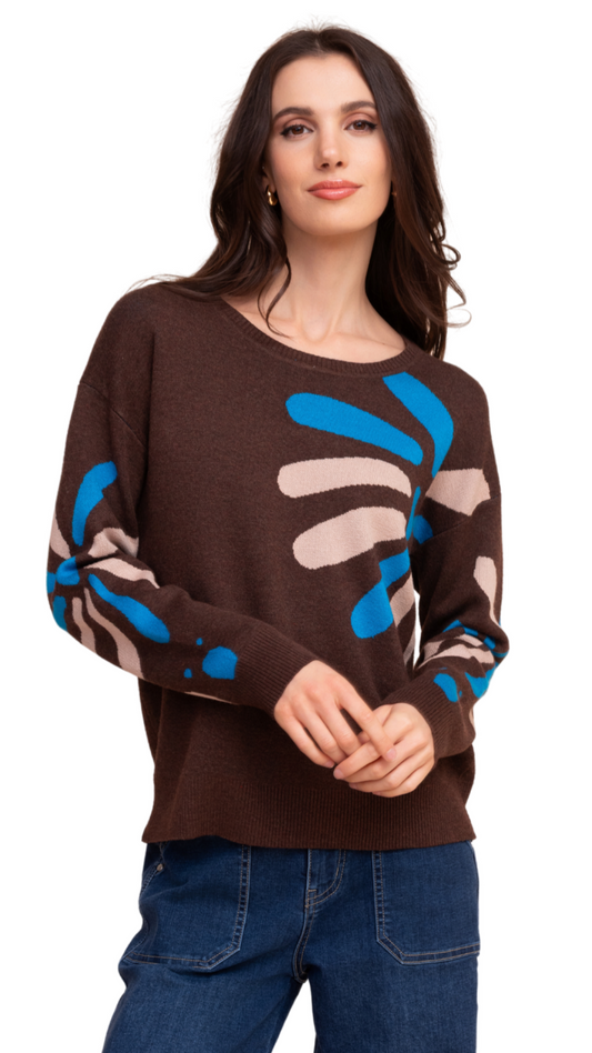 Brown Contrast Flower Design Details Long Sleeve Sweater. Style ALSA48195