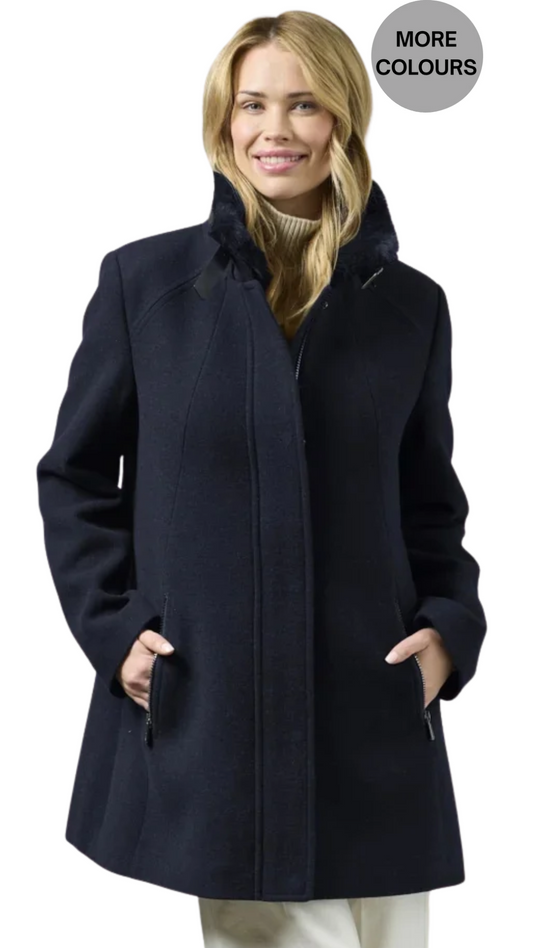 Belt Buckle & Fur Lined Stand Statement Collar Wool Coat. Style JUN2417