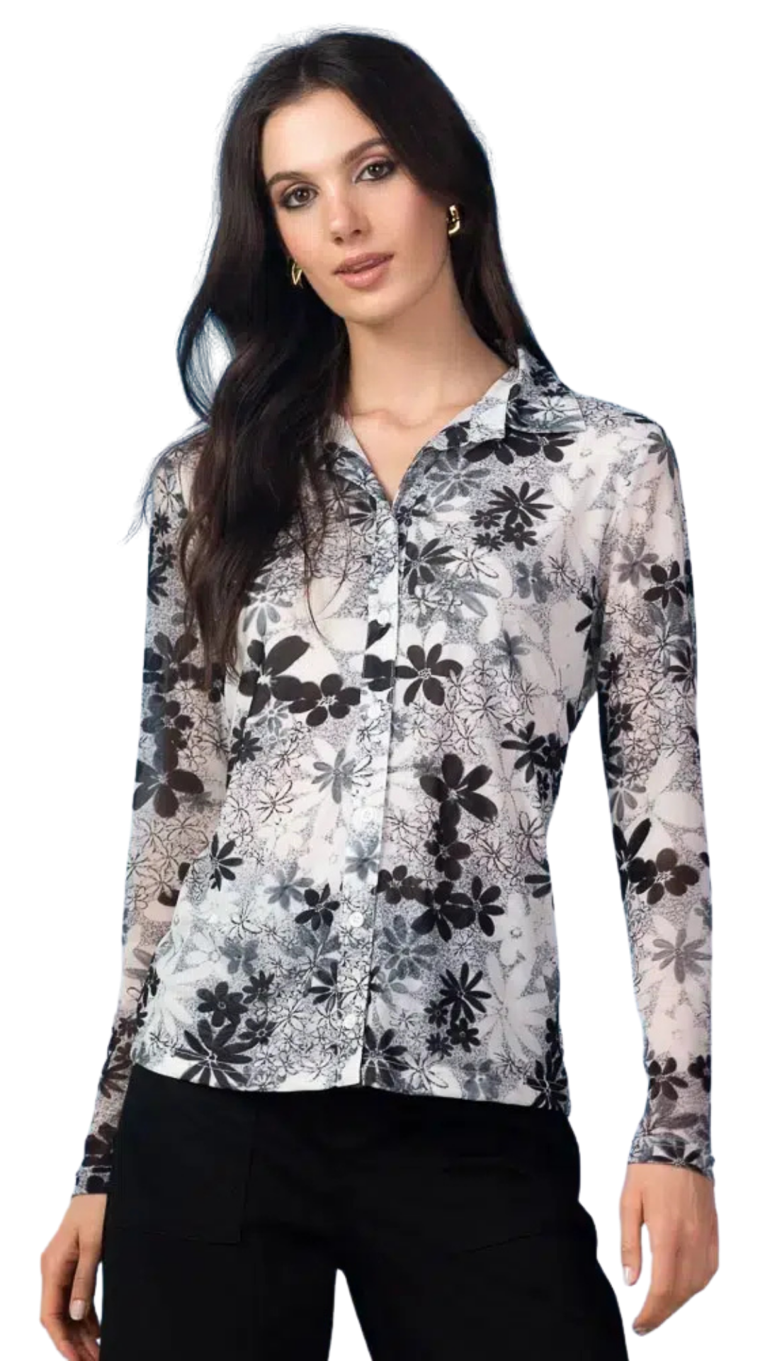 Floral Print Mesh Button Up Shirt. Style ALS47598