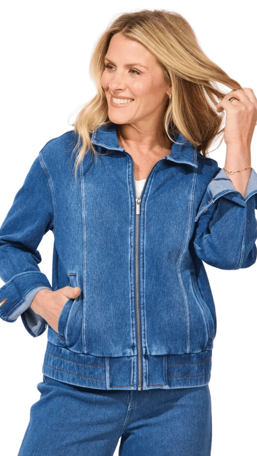 Knit Denim Boundless Denim Collared Jacket. Style ESC54048
