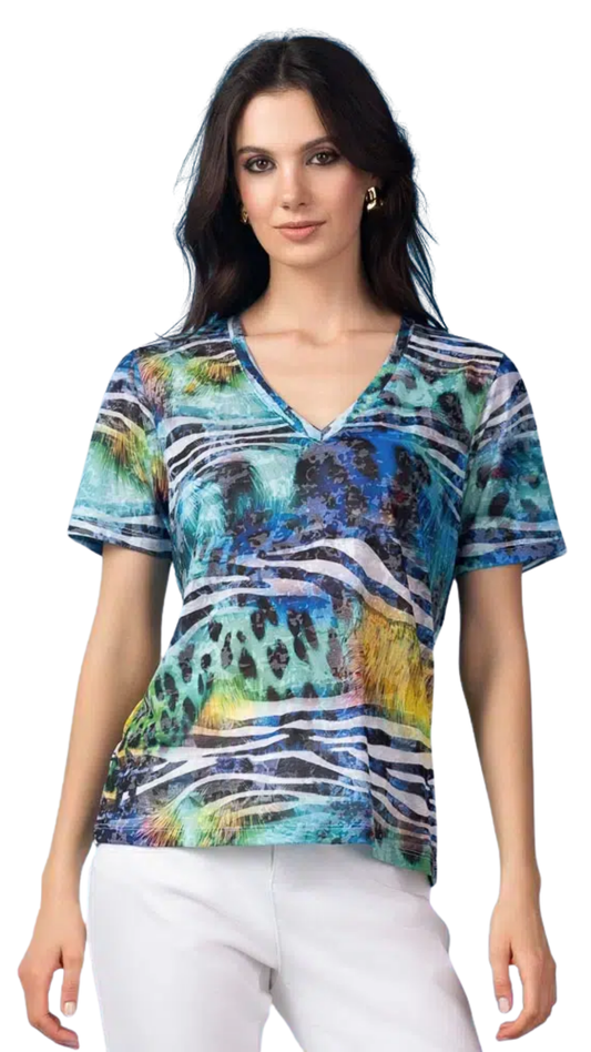 V-Neck See-Through Abstract Animal Print Top. Style ALS47595