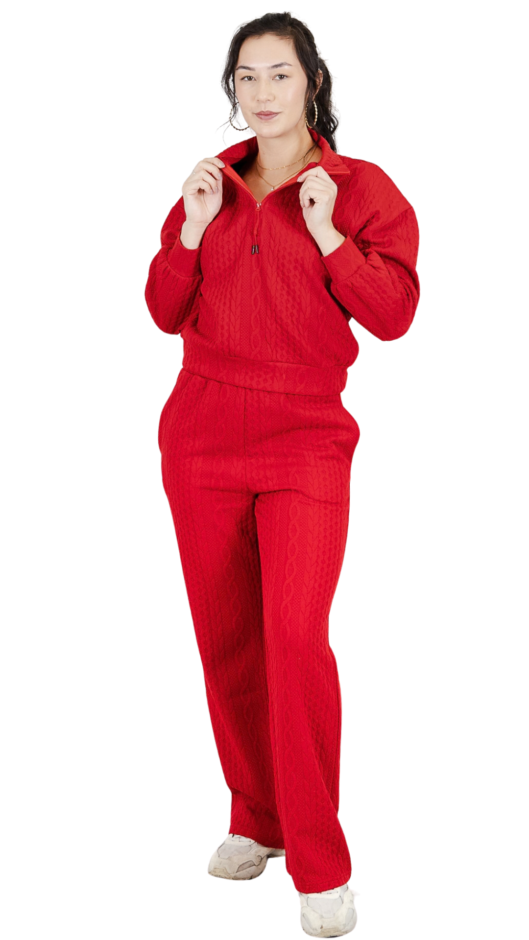 Cable Knit 1/2 Zip Sweater & Pull-On Pant Red Two Piece Set. Style FS262C107-8