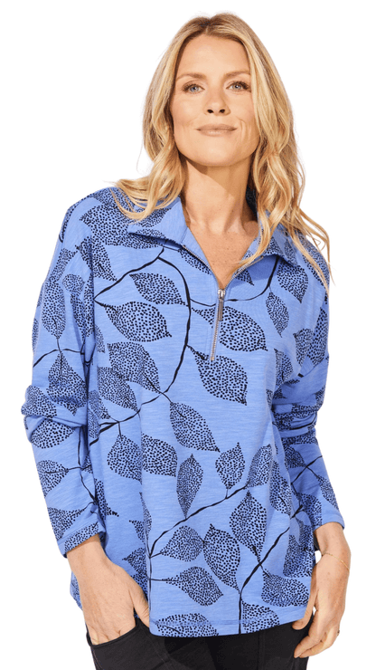 Quarter Zip Dotted Leaves Print Sweater. Style ESC96112