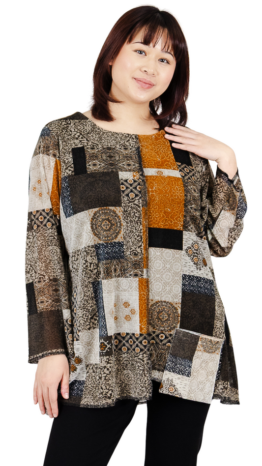Bohemian Print Fuzzy Loose Long Sleeve Top. Style FS262B99