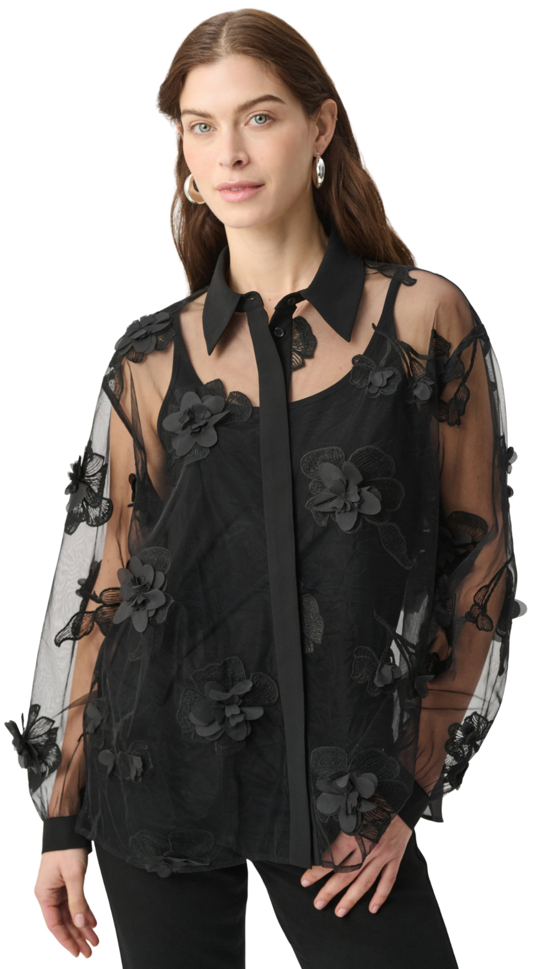 Sheer Textured Flower Appliqué Button Placket Blouse. Style JR264945