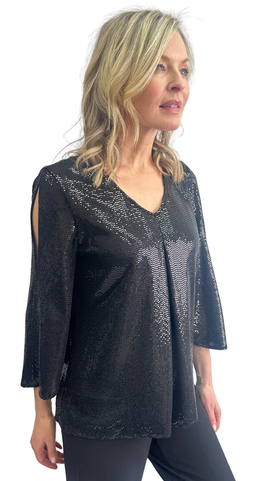 Holiday Soiree Sequin 3/4 Slit Sleeve V-Neck Sparkle Top. Style SW102040