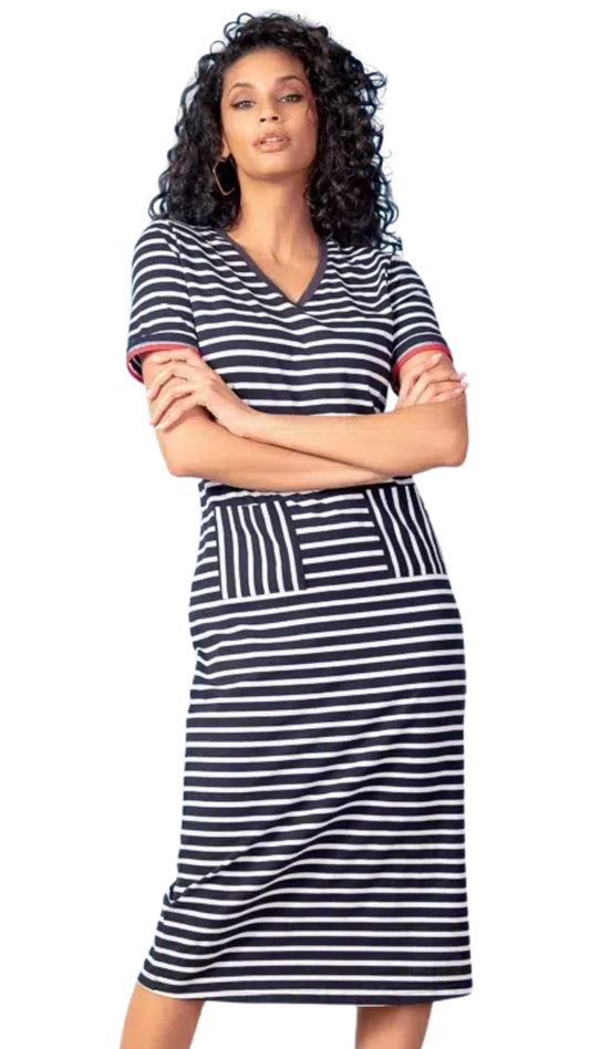 V-Neck Striped Patch Pockets Dress. Style ALS47506