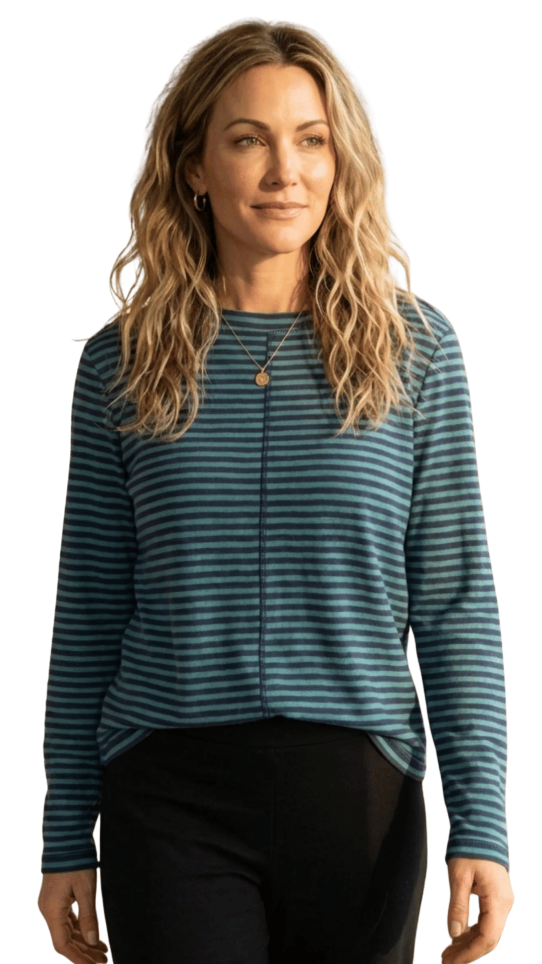 Striped Layover Neckline Long Sleeve Top. Style ESC23546