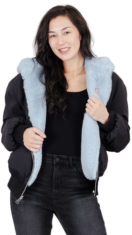 Reversible Style Black Puffer or Blue Fur Zip Front Jacket. Style FS262551