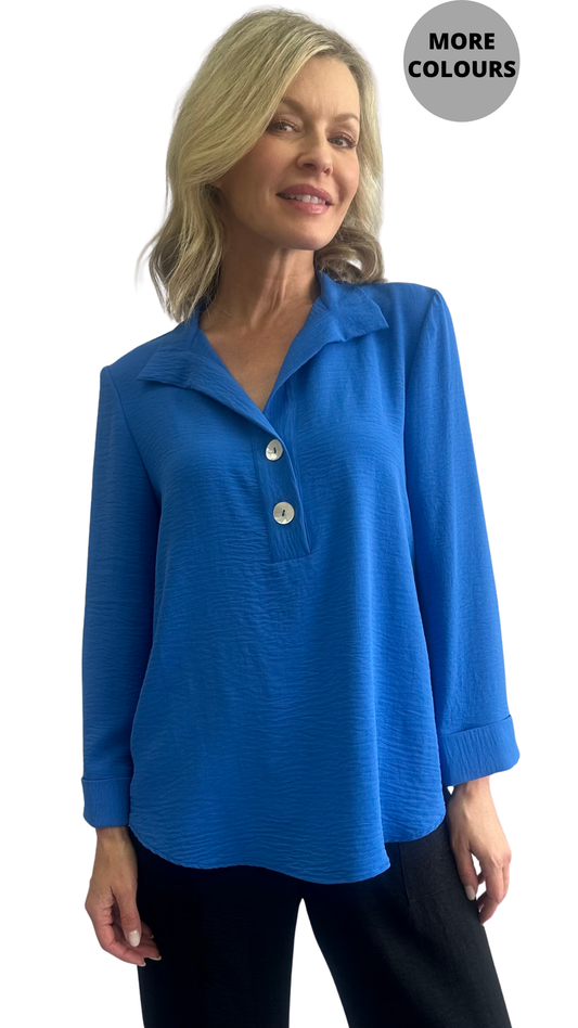 Fold-Over Collar Statement Buttons Lightweight Top. Style SW202614