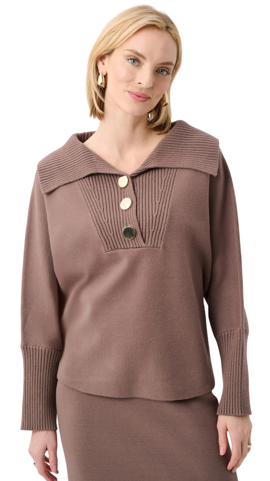 Gold Buttons Shawl Neck Long Sleeve Top. Style JR263938