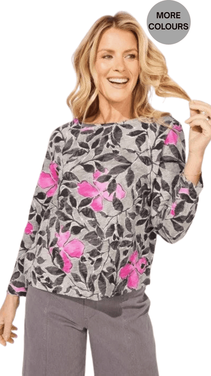 Floral Foliage Boxy Long Sleeve Top. Style ESC12125