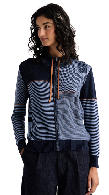 Zip Front Orange Details Knit Pattern Blocking Cardigan. Style ZKP8524U