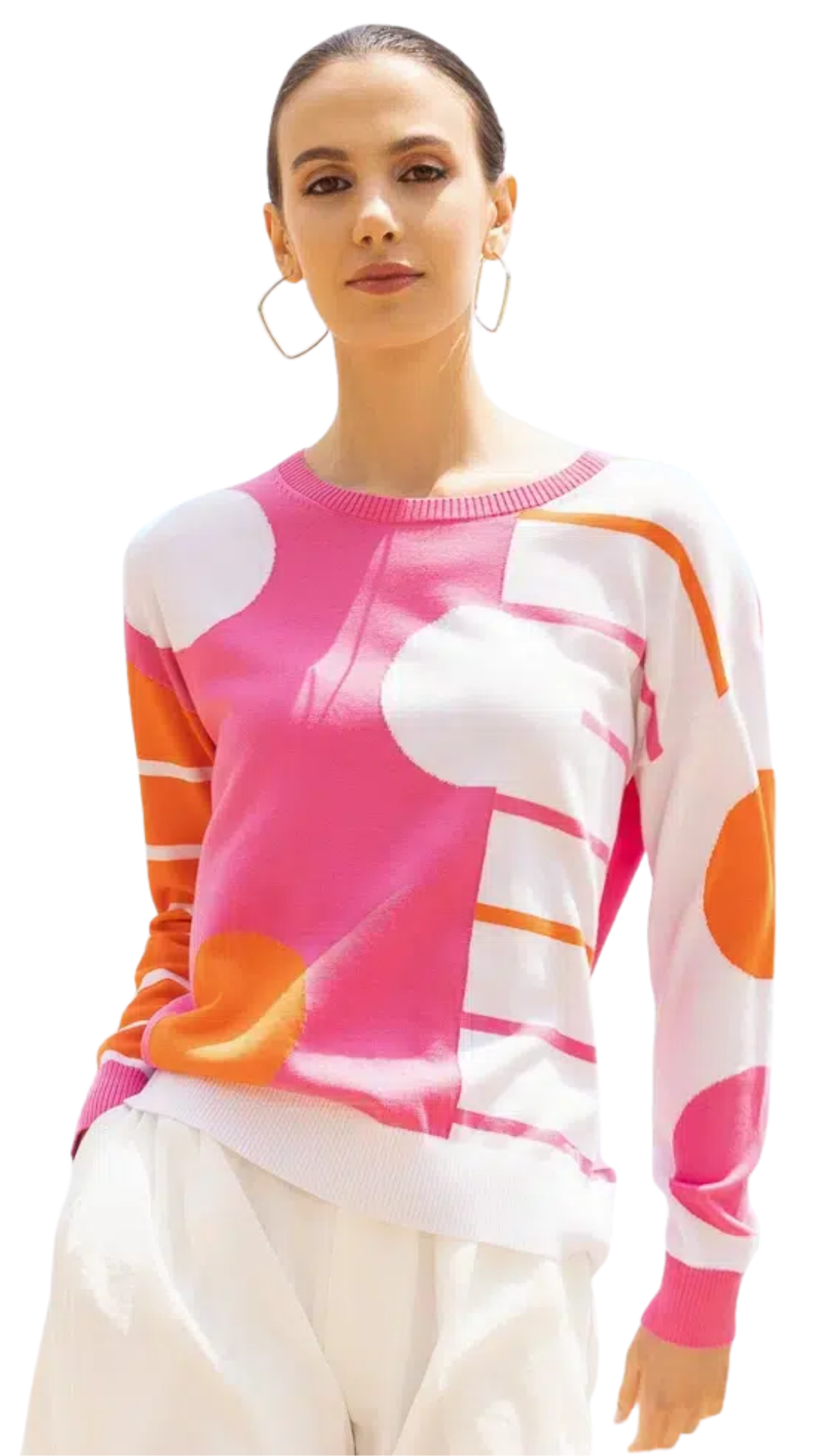 Drop Shoulder Circles & Stripes Abstract Print Sweater. Style ALS47222