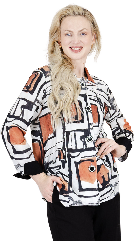 Abstract Print Button Front Black Cuff Blouse. Style FS262333