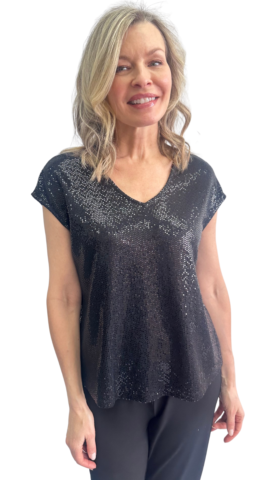 Holiday Soiree Drop Shoulder Cap Sleeve Sequin Sparkle Top. Style SW102050