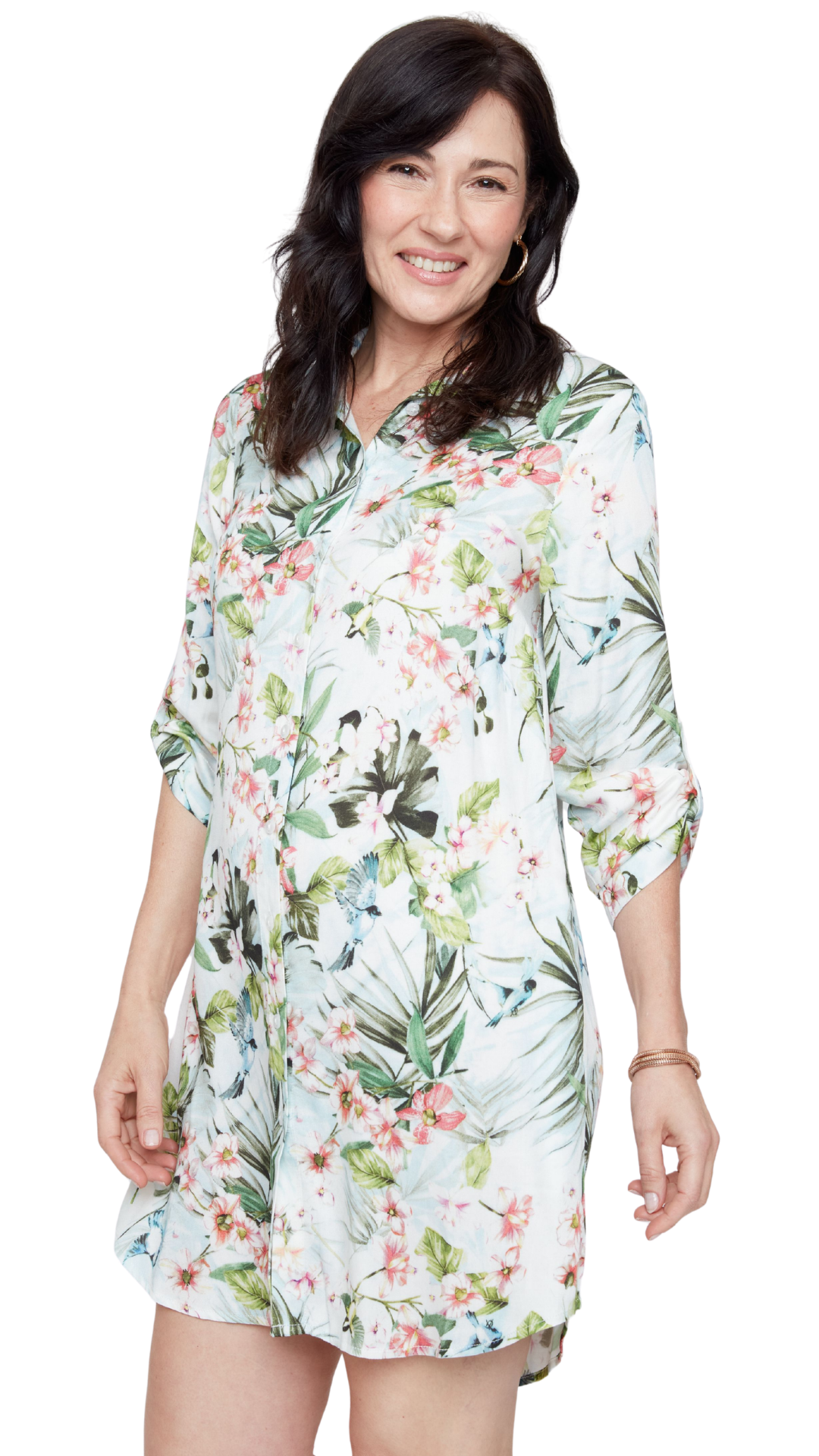 Roll-Up Sleeve Collared Tropical Print Dress. Style REN4372-984