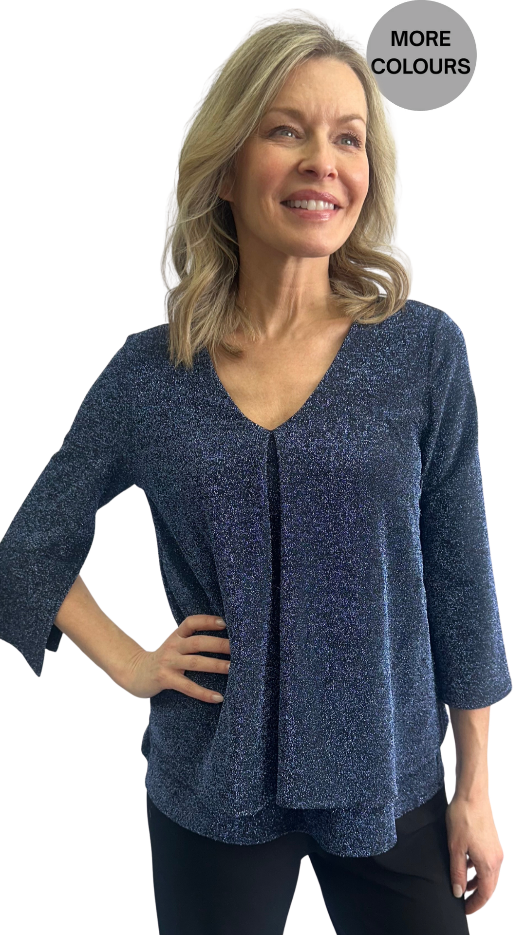 Sparkly Front Pleat V-Neck Slit Sleeves Holiday Top. Style SW102046