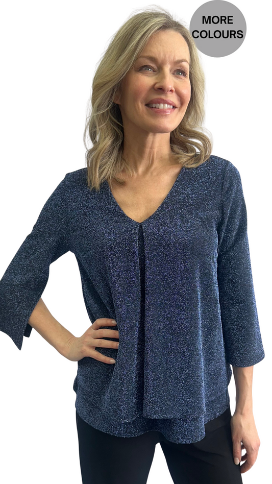 Sparkly Front Pleat V-Neck Slit Sleeves Holiday Top. Style SW102046