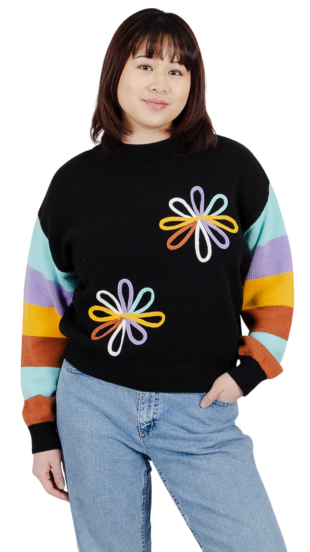 Multi Colour Stripe Arms Embroidered Flowers Sweater. Style FS262224