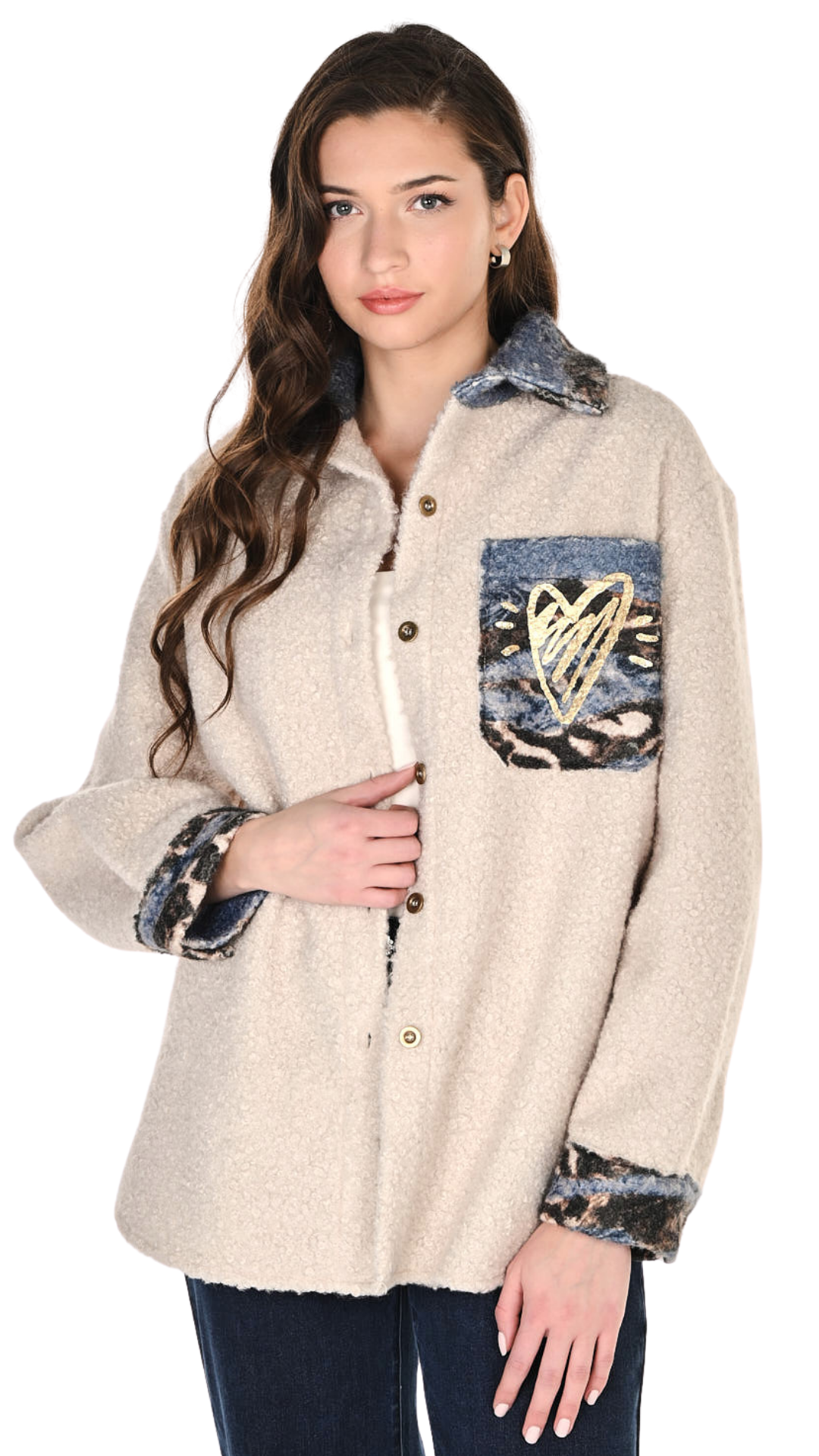Abstract Print Button Front Boucle Jacket. Style FL263788