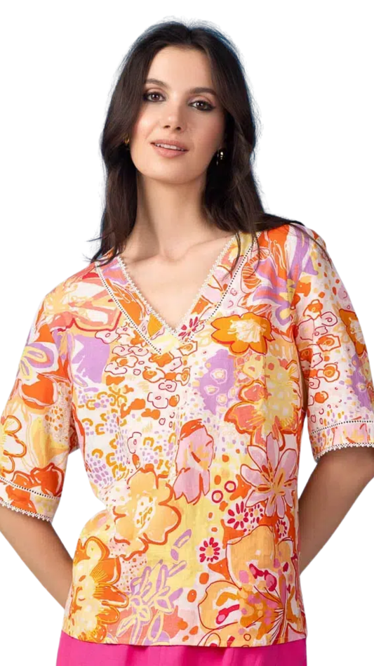 Lace & Ladder Trim Detail Retro Floral Print Top. Style ALS47245