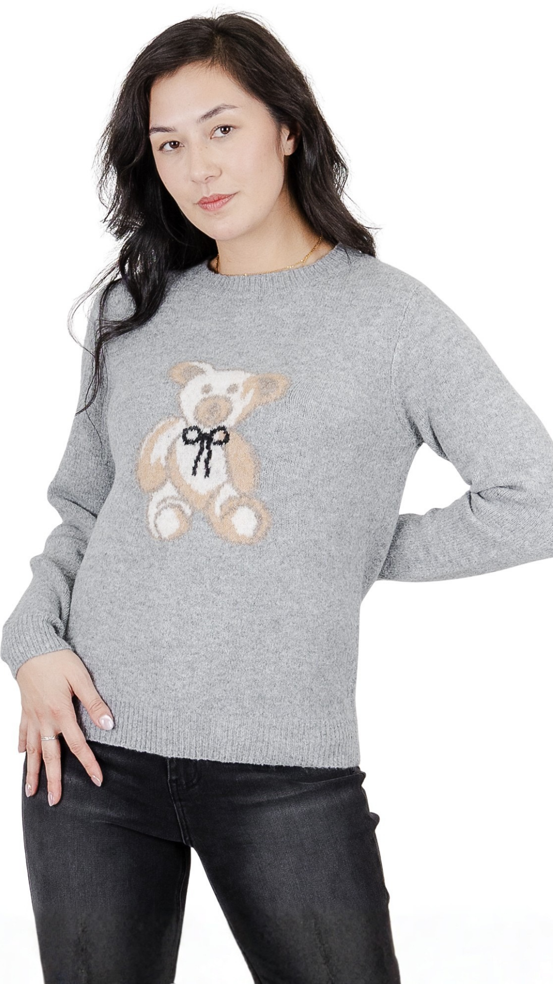 Teddy Bear Print Front Long Sleeve Sweater. Style FS262102