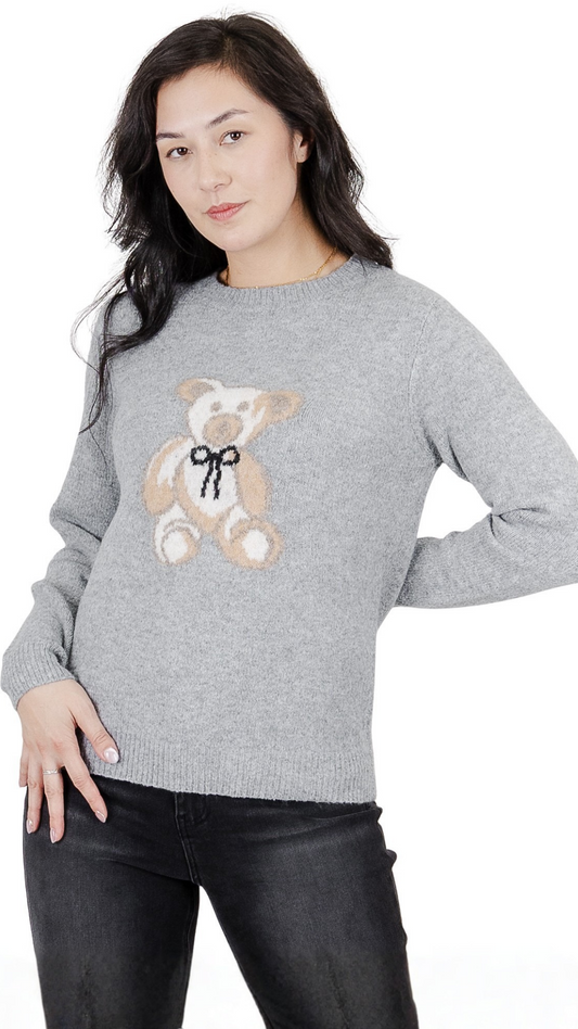 Teddy Bear Print Front Long Sleeve Sweater. Style FS262102