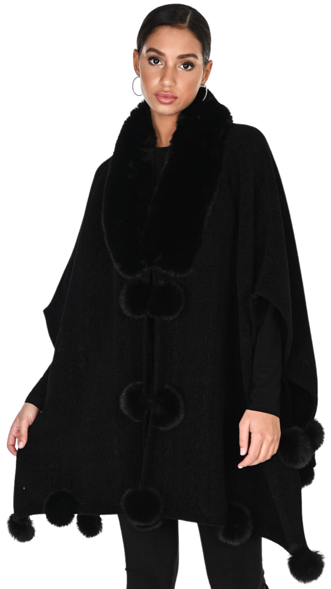 Fold-Over Faux Fur Trim Pom-Pom Longer Length Cape. Style FL263801