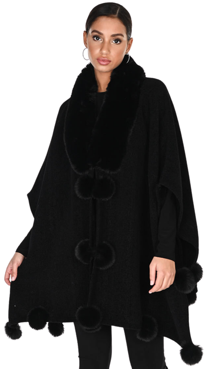 Fold-Over Faux Fur Trim Pom-Pom Longer Length Cape. Style FL263801