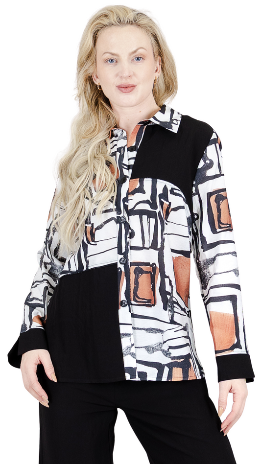 Abstract Print & Solid Black Panel Colour Block Blouse. Style FS262335