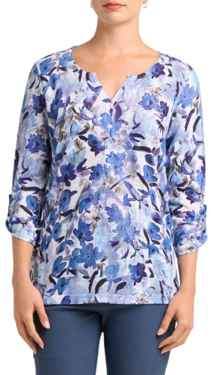 Floral Print Henley Roll-Up 3/4 Sleeves Top. Style MIMXK849